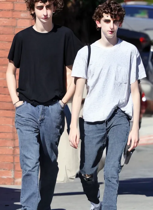 Image similar to photo of Timothee Chalamet walking in LA with his boyfriend