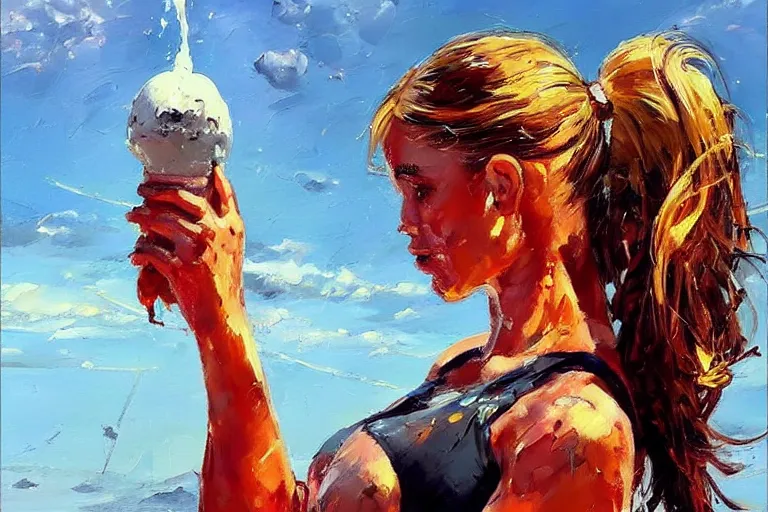 Prompt: girl with a ponytail wearing bikini looking at a nuclear bomb test, expressive oil painting, digital art, high quality, by michael garmash, by rob rey, by conrad roset, beautiful girl, apocalyptic, nuclear mushroom cloud