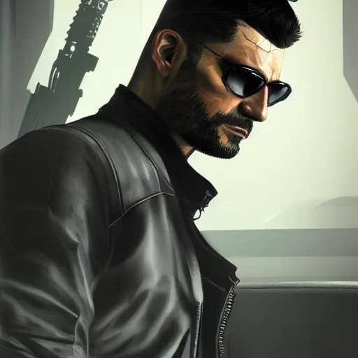 Image similar to Adam Jensen from Deus Ex as a GTA character, by Cedric Peyravernay, highly detailed, hyperrealism, excellent composition, cinematic concept art, dramatic lighting, trending on ArtStation