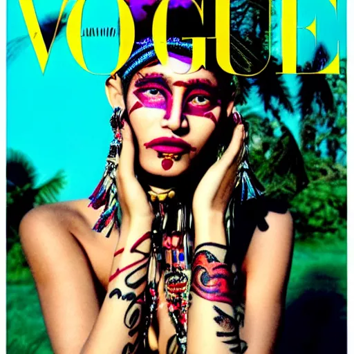 Image similar to a beautiful professional photograph by hamir sardar, herb ritts and ellen von unwerh for the cover of vogue magazine of a beautiful and unusually attractive native yanomami female fashion model with a face tattoo looking at the camera in a flirtatious way, leica 5 0 mm f 1. 8 lens