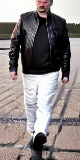 Prompt: sad russian middle aged man in black leather jacket, white adidas pants. extreme long shot