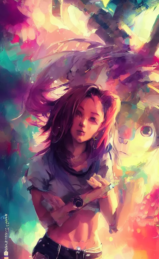 Image similar to a cute woman with rainbow hair dancing, kawaii shirt and jeans, kawaii chibi unicorn friend, In style of Yoji Shinkawa, wojtek fus, by Jordan Grimmer and greg rutkowski, concept art, highly detailed