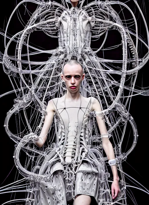 Prompt: walking down the catwalk, steven klein, show, stage, vogue photo, podium, fashion show photo, historical baroque dress, iris van herpen, beautiful woman, full body shot, masterpiece, inflateble shapes, alien, plant predator, guyver, jellyfish, wires, veins, white biomechanical details, wearing epic bionic cyborg implants, highly detailed