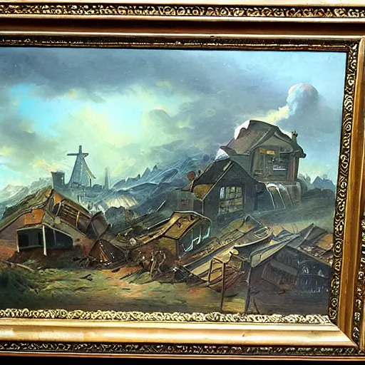Prompt: oil painting of a village being destroyed by a giant alien