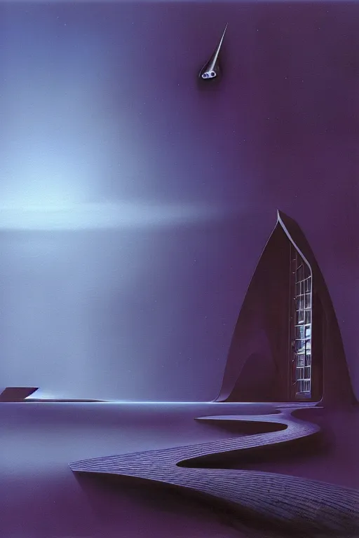 Image similar to emissary space by arthur haas and bruce pennington and john schoenherr, cinematic matte painting, zaha hadid building, photo realism, dark color palate, blue hour, james terrell art,