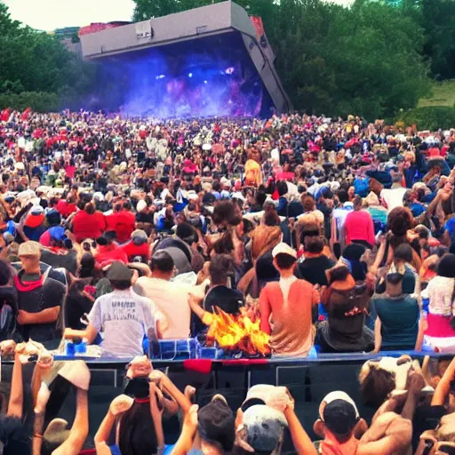 Image similar to Crowd cheering in packed amphitheater, on the stage is a large burning dumpster fire. Amphitheater represents humanity on earth