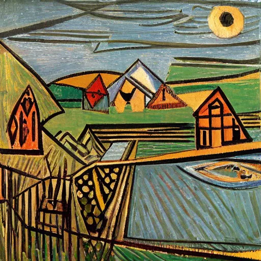 Prompt: the hay wain in the style of pablo picasso W 1280