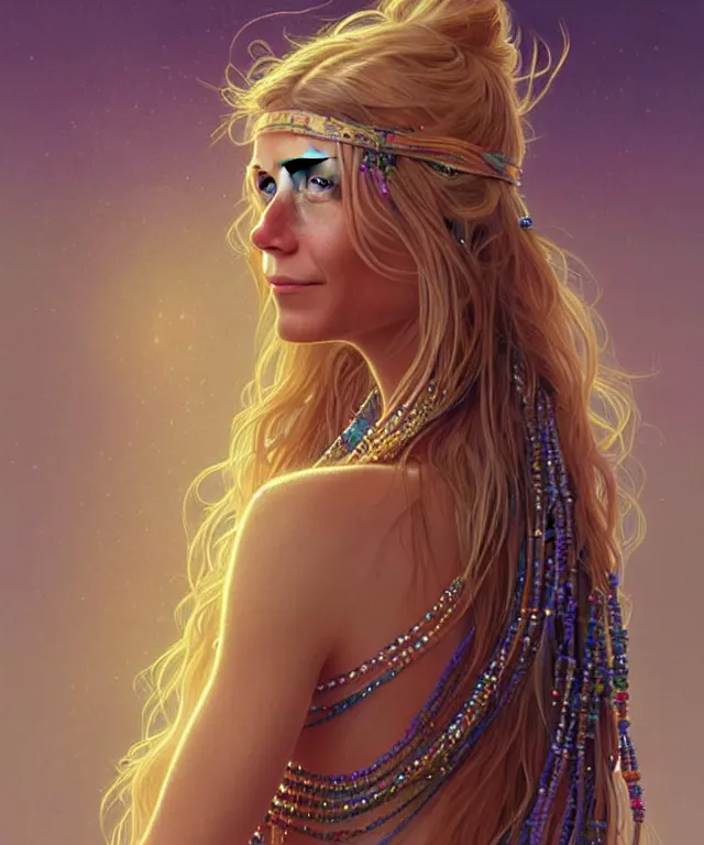 Image similar to Gwyneth Paltrow as a meditating new age hippie with beads and crystals, portrait, intricate, elegant, highly detailed, digital painting, artstation, concept art, smooth, sharp focus, illustration, art by artgerm and greg rutkowski and alphonse mucha