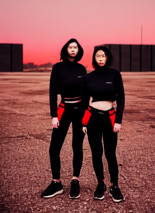 Image similar to cinestill 5 0 d photograph of 2 women wearing black techwear in front of a brutalist sharp - edged metal building, closeup, on a desolate plain with a red sky, dystopia, cyberpunk, 4 k, 8 k, hd, full color