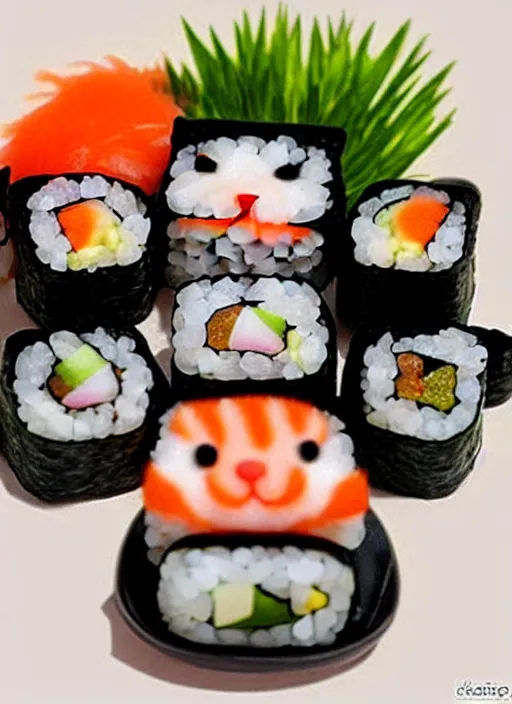 Image similar to clear photorealistic picture of adorable cats made out of sushi