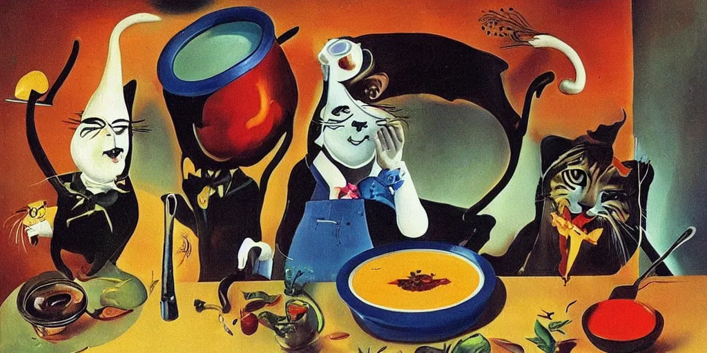 Image similar to anthropomorphic cat chef cooking a delicious colorful soup, by Salvador Dali