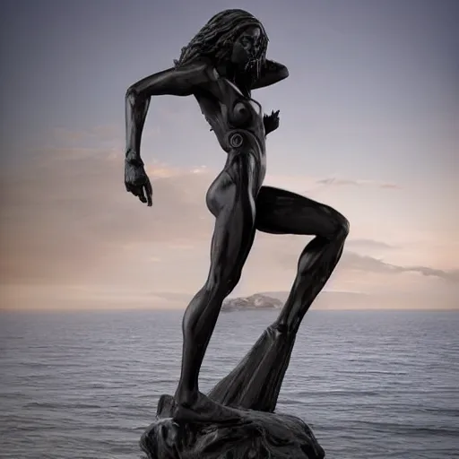 Image similar to by richard s. johnson ornate. a beautiful sculpture of a human - like creature with long, stringy hair. the figure has no eyes, only a mouth with long, sharp teeth. the creature is standing on a cliff overlooking a dark, foreboding sea.