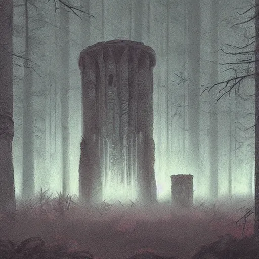 Image similar to monumental old ruins tower of a dark misty forest, overcast, sci - fi digital painting by simon stalenhag