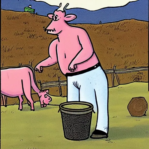 Prompt: a cow points at a bucket, far side comic by gary larson