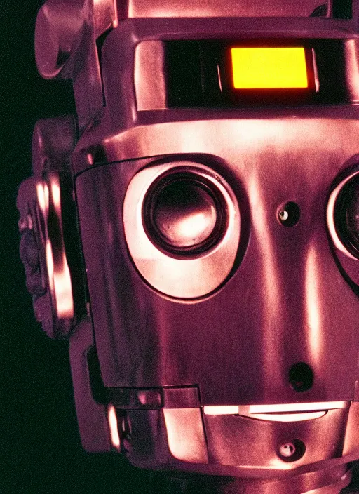 Image similar to a portrait photograph of a robot head designed by quentin trantino, 3 5 mm, color film camera,