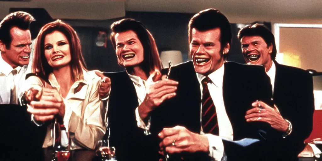 Image similar to still frame of Geena Davis, Roger Moore and Jim Carrey in Pulp Fiction laughing hysterically over a joke