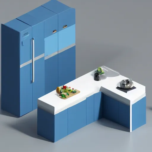 Prompt: isometric minimalistic chubby kitchen, cinema 4 d, 1 0 0 mm, blue color scheme depth of field, octane render, studio lighting