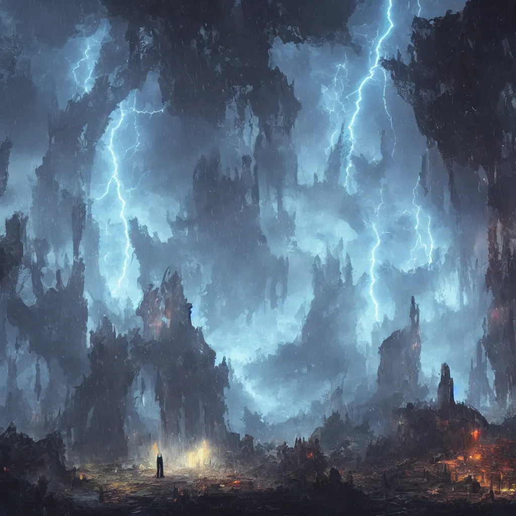 Image similar to a still of a cloaked figure standing in the ruins of crux prime, bree, lantern - lit town, there is lightning, blue fiery maelstrom in the distance, it is raining, digital art, artstationhq