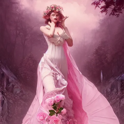 Prompt: very beautiful woman dressed in a vaporous wrapped large victorian pink roses silk semi-transparent dress fashion is running, fantasy, intricate, elegant, highly detailed, digital painting, trending on artstation, concept art, matte, sharp focus, illustration, art by Artgerm and Greg Rutkowski and Alphonse Mucha