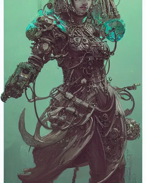 Image similar to character design, cyborg spellcaster, green robes, hyper detailed, pen and ink, intricate line drawings, colorful, style by ian mcque, craig mullins, emil melmoth, + in style of charlie bowater, peter mohrbacher, marc simonetti, trending on artstation cgsociety, cinematic 8 k