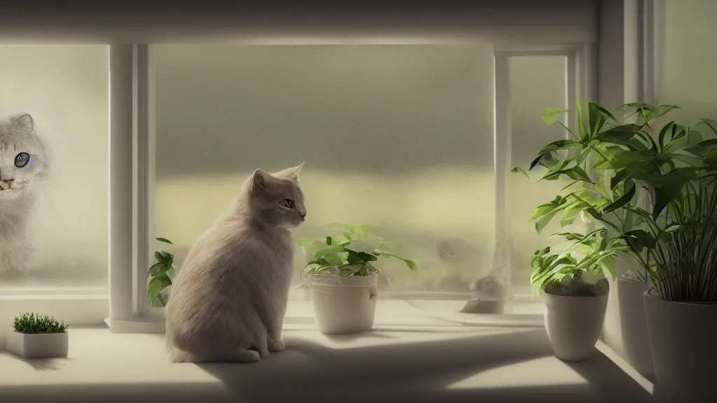 Image similar to beautiful peaceful dreamy painting of a content cat sitting by a window and looking outside, sunshine coming through the window, small plants on the window sill, 8k, hyper realism, trending on artstation, octane render