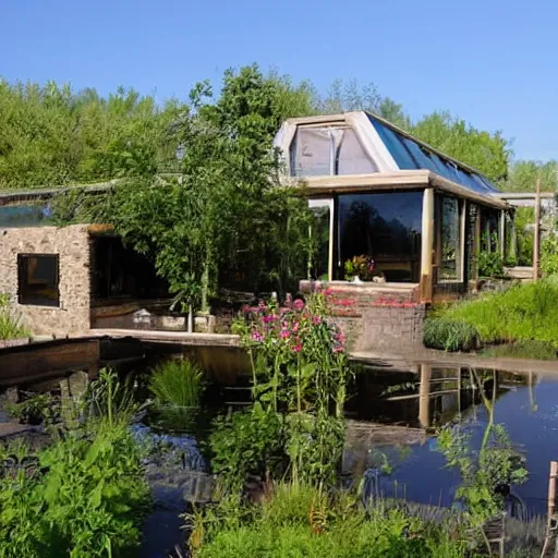 Image similar to earthship house with pond and cottage garden