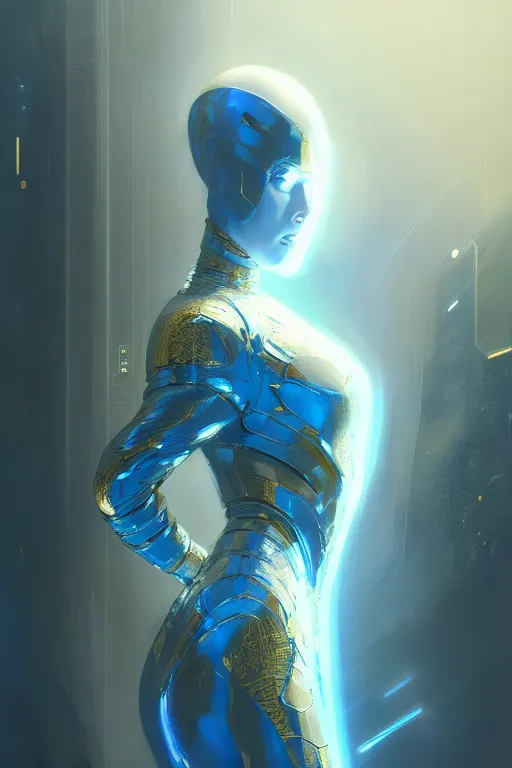 Image similar to detailed portrait glam cyber noun, attractive feminine curves, intricate, scifi, futuristic, elegant cape, elegant, alien room background, white, blue, gold, photorealism, intricate line drawings, by craig mullins, ruan jia, kentaro miura, greg rutkowski, loundraw