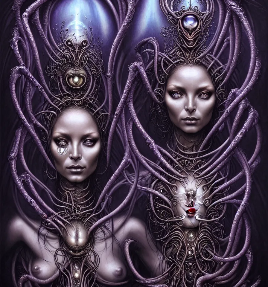 Image similar to A beautiful detailed alien goddess woman with 6 arms super dark tarot card, gorgeous model face by Stanley Artgerm, by tomasz alen kopera and Justin Gerard, 4 eyes, beautiful symmetrical features, ominous, magical realism, melting, texture, intricate, ornate, royally decorated, melting, whirling smoke, embers, purple adornments, blue torn fabric, radiant colors, fantasy, trending on artstation, volumetric lighting, micro details, 3d sculpture, ray tracing, 8k, anaglyph effect