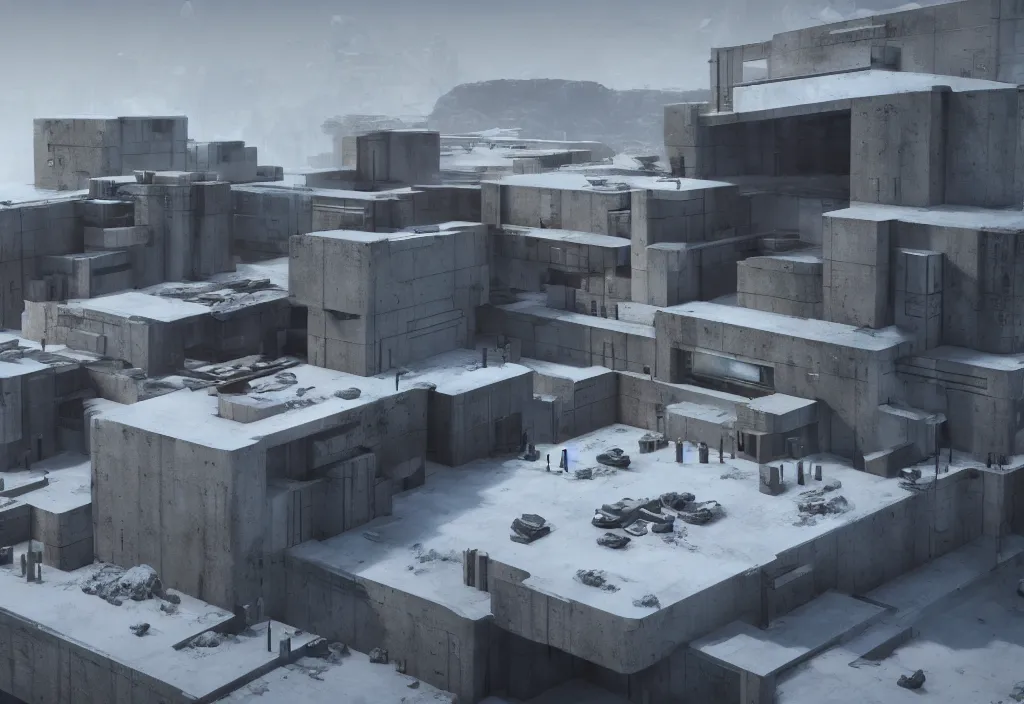 Prompt: Small brutalist modern concrete building on a cold, snowy hill. Concept art, star citizen.