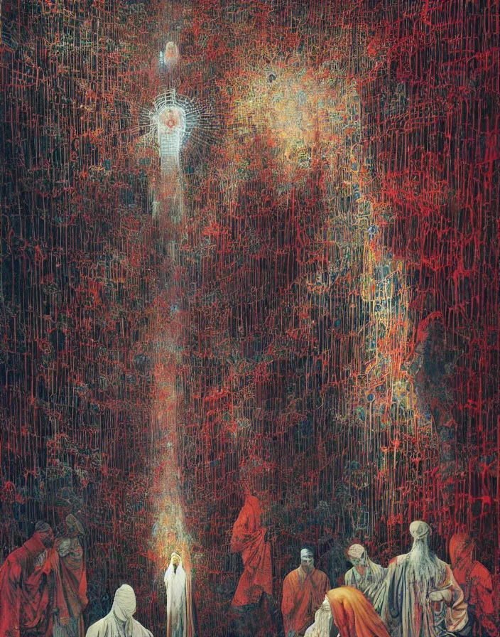 Prompt: worshippers in robes gather around the big glowing crystal, big glowing crystal radiating white light, interior, high detailed beksinski painting, part by adrian ghenie and gerhard richter. art by takato yamamoto. masterpiece, deep colours