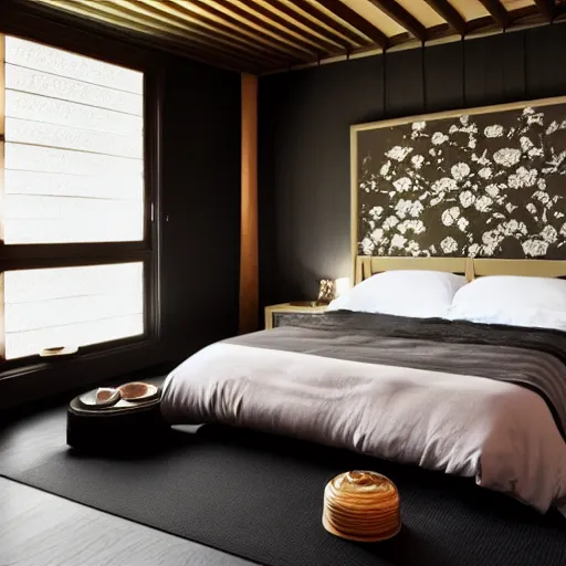 Image similar to bedroom, stone, interior design, stylish luxury hotel bedroom design, yakisugi, black vertical slatted timber, textures, feminine, black walls, art, Japanese pottery vase with flowers, kakejiku, seasonal, Japanese influences