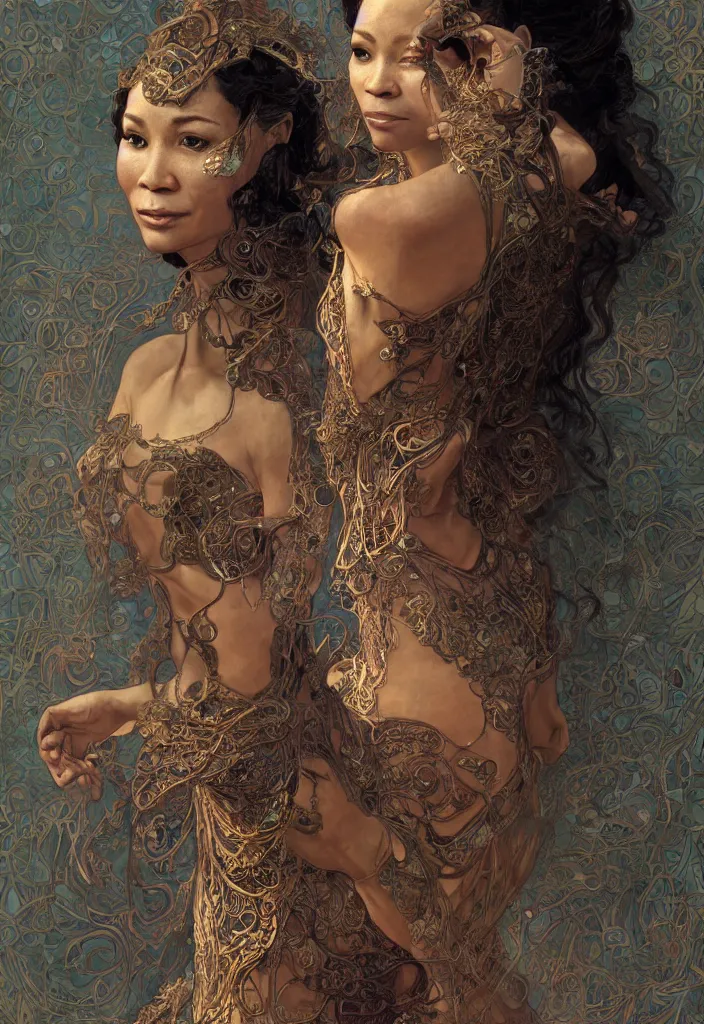 Prompt: portrait of Thandiwe Newton, oriental art nouveau, frock, mid body, ultradetail face, art and illustration by tian zi and craig mullins and WLOP and alphonse mucha, fantasy, intricate complexity, human structure, human anatomy, fantasy character concept, watermark, blurry, hyperrealism 8k