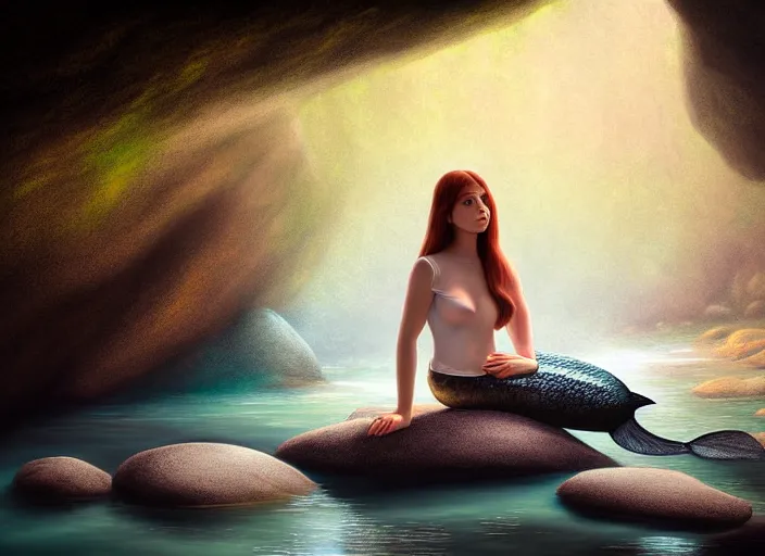 Prompt: soft painting portrait of a mermaid in a shirt sitting on a rock in a river in an underground cave. fantasy magic style. highly detailed 8 k. intricate. lifelike. soft light. cinematic post - processing