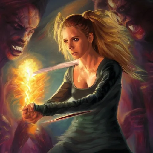 Prompt: a detailed picture of Buffy the Vampire slayer fighting God, 4k, in the style of Magic the Gathering