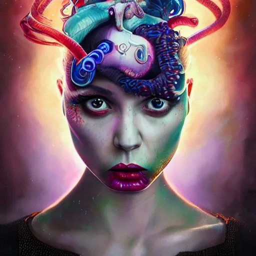 Image similar to art portrait of a furious girl with purple tentacles on her head, 8 k, by tristan eaton, stanley artgermm, tom bagshaw, greg rutkowski, carne griffiths, trending on deviantart, face enhance, hyper detailed, full of colour