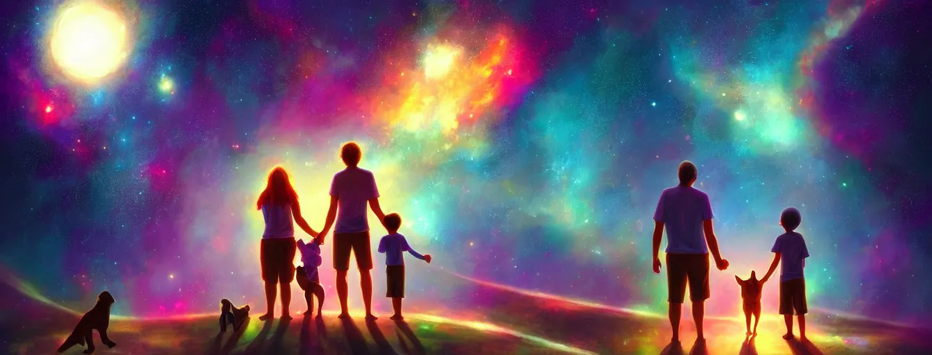 Image similar to a centered rear view of a mom dad and a kid holding hands, with a dog sitting next to them in a small green planet looking to the night sky displaying an entire colorful galaxy, digital art, epic, colorful, highly detailed, by ross tran, artstation