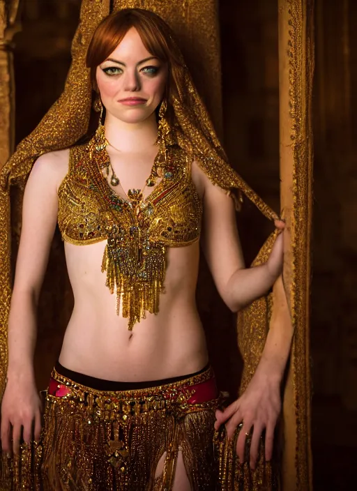 Prompt: portrait of emma stone as a belly dancer in a persian palace, by charlotte grimm, natural light, detailed face, beautiful crossed hands,, canon eos c 3 0 0, ƒ 1. 8, 3 5 mm, 8 k, format print, half body shot