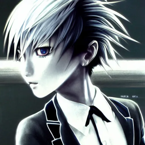 Image similar to Yoshitaka Amano realistic illustration of an anime girl with short white hair and black eyes wearing tuxedo, black and white battle background from Earthbound game, film grain effect, highly detailed, Renaissance oil painting