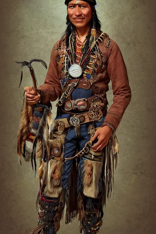 Image similar to character portrait of a thin native american indian man in his early 3 0 s, wearing traditional cargo buckskin jacket buckskin tactical toolbelt pockets bandolier full of trinket and baubles, steampunk arcane shaman, deadlands, weird west, by steve henderson, sandra chevrier, alex horley