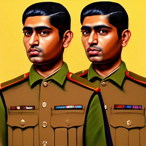 Image similar to a painting of a brown men standing in khakhi uniform, hyperrealistic faces, detailed digital art, aesthetic!, trending on artstation