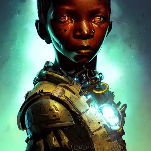 Prompt: a dark and ominous cyborg african child soldier with glowing eyes, Apex Legends character digital illustration portrait design, by android jones and greg rutkowski in a cyberpunk voodoo style, detailed, cinematic lighting, wide angle action dynamic portrait