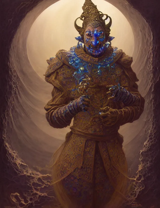 Image similar to front shot of a court jester character, hyperdimensional, bioluminescent hypercubes, ((intricate)), elegant, highly detailed, centered, (((artstation, concept art, smooth, sharp focus, artgerm, Tomasz Alen Kopera, Peter Mohrbacher, donato giancola, Joseph Christian Leyendecker, WLOP, Boris Vallejo))), mugshot!!!!!, ugly!!!!!!, octane render, nvidia raytracing demo, grainy, muted, 8K, digitalblasphemy