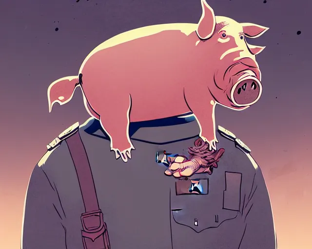 Prompt: a political cartoon showing a cell shaded policeman with a pig's head, illustration, full body wide shot, subtle colors, post grunge, concept art by josan gonzales and wlop, by james jean, Victo ngai, David Rubín, Mike Mignola, Laurie Greasley, highly detailed, sharp focus, alien, Trending on Artstation, HQ, deviantart, art by artgem