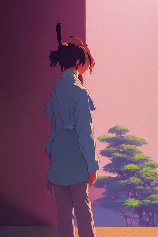 Image similar to a colorful portrait of a student rear view, morning, by studio ghibli painting, superior quality, masterpiece, traditional Japanese colors, by Grzegorz Rutkowski, concept art