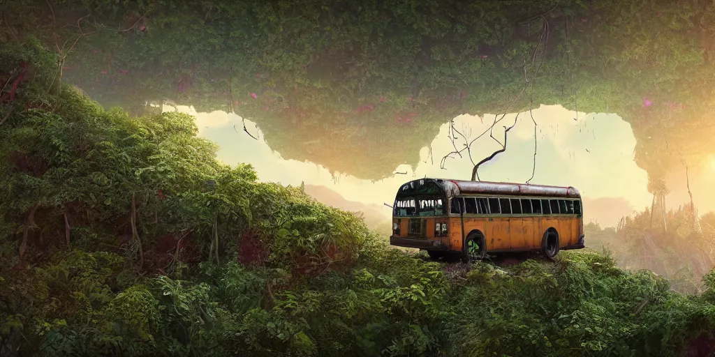 Prompt: a crashed, abandoned school bus overgrown with vines hanging partially over a cliff. Beneath the cliff is an alien lake. In the sky are two suns. Detailed digital matte painting in the style of simon stalenhag