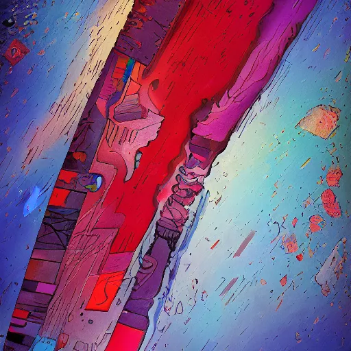 Prompt: the brittle. digital painting, vertical, intricate, beautiful, detailed, grunge, illustration, abstract art by kandinsky, trending on artstation. blue, dark red and dark purple color scheme, gradient darker to bottom