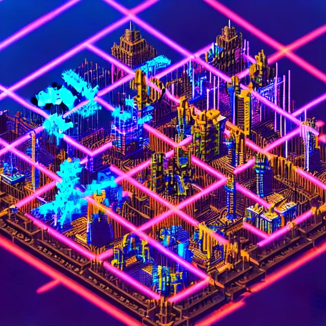 Image similar to voxel art of a cyberpunk blockchain city, chains connecting separate blocks, blockchain, symmetry, intricate, volumetric lighting, beautiful, rich deep colors masterpiece, sharp focus, ultra detailed, in the style of dan mumford and marc simonetti