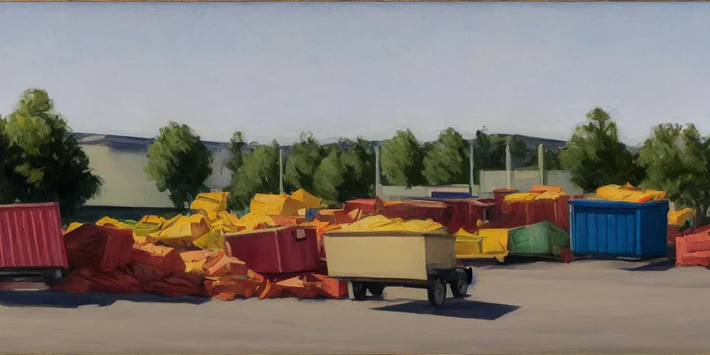 Image similar to Dumpsters by the parking lot behind a Walmart in a North American suburban strip mall by Edward Hopper