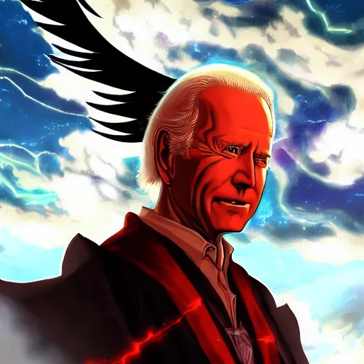 Image similar to portrait of dark biden as the master of the dark flames of destruction, anime fantasy illustration by tomoyuki yamasaki, kyoto studio, madhouse, ufotable, trending on artstation