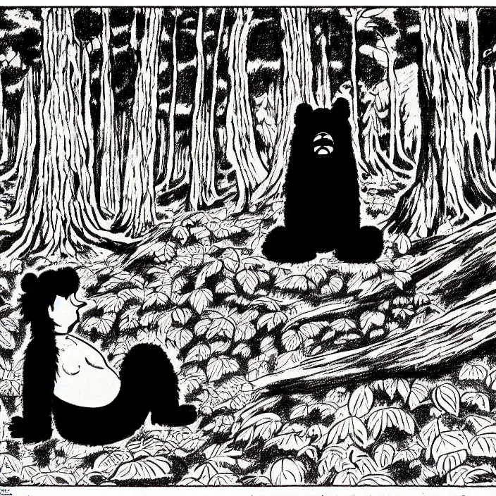 Image similar to a still frame from comic strip, one black furry hairy dog sitting in an ancient forest, centered composition 1 9 5 0, herluf bidstrup, new yorker illustration, monochrome bw, lineart, manga, tadanori yokoo, simplified,